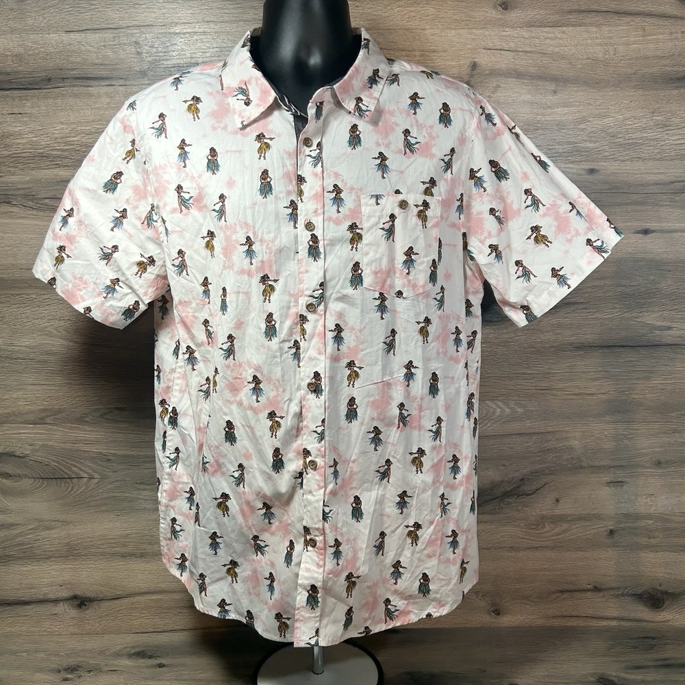 Ron Jon Surf Shop Shirt MENS L Hawaiian Hula Girl Tiki Aloha Button Large NWT